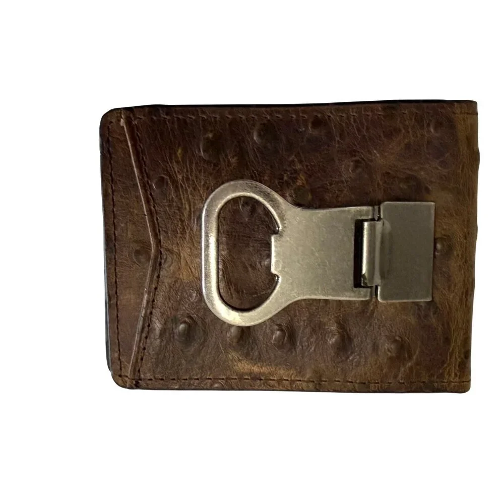 Nocona Men's Bi-Fold Wallet Bottle Opener Clip Distressed Ostrich Leather Brown